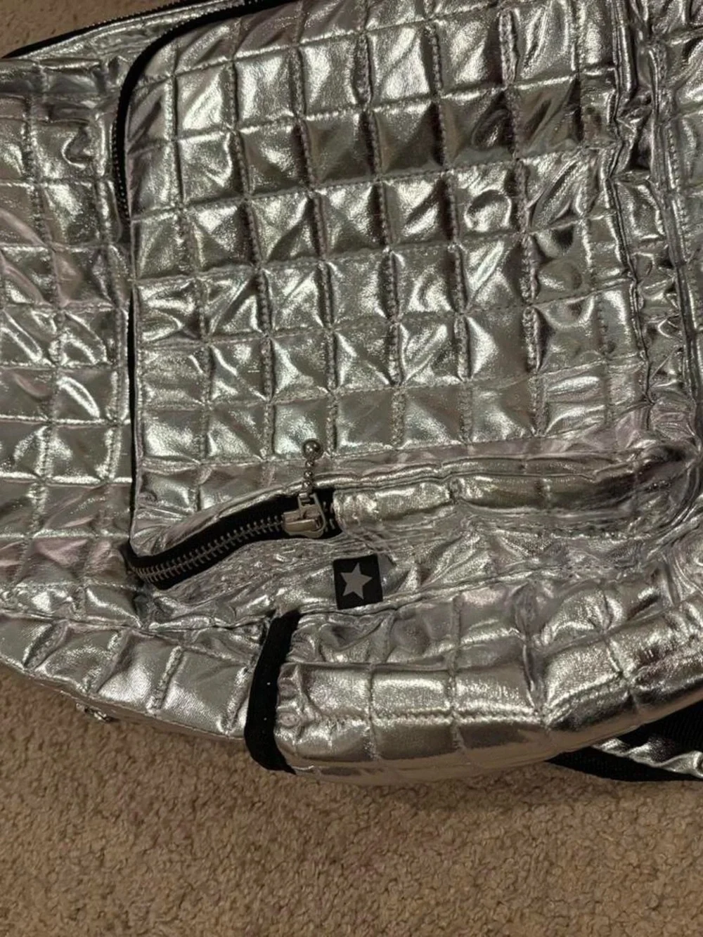 MOLO Metallic Silver Quilted Backpack - Stylish Women’s or Girl’s Daypack